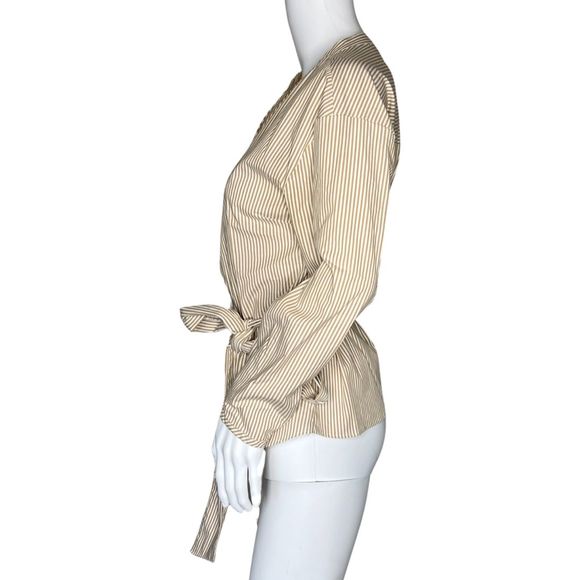 J. Crew Shirt Women Small Petite Wrap Blouse Brown Stripe Mandarin Collar Belted - Picture 3 of 6